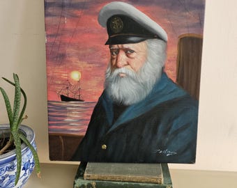 Cuadro de un capitán de barco al atardecer, firmado por David Pelbam / Retrato de época