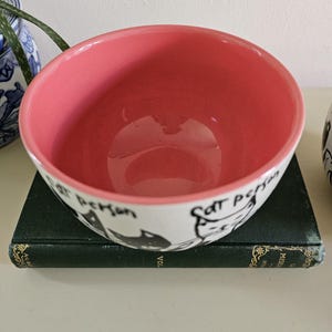 Puede incluir: Un cuenco de cer&aacute;mica con interior rosa y exterior blanco con ilustraciones de gatos negros y el texto "Cat Person". El cuenco est&aacute; sobre un libro verde oscuro.