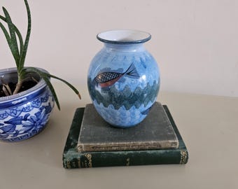 Vintage Pottery Vase Blue Green Fish | Scottish Tain Pottery