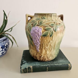 1930s Roseville Wisteria Tan Two-Handle Vase | Vintage Heirloom | Pottery Floral Motifs | Gift for Roseville Collector