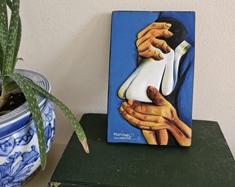Ecuador Painted TerraCotta Wall Tile | Hands Holding Child | Gallery Wall
