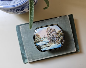Vintage Lacquer Trinket Box | Hand Painted Winter Scene, Mother of Pearl