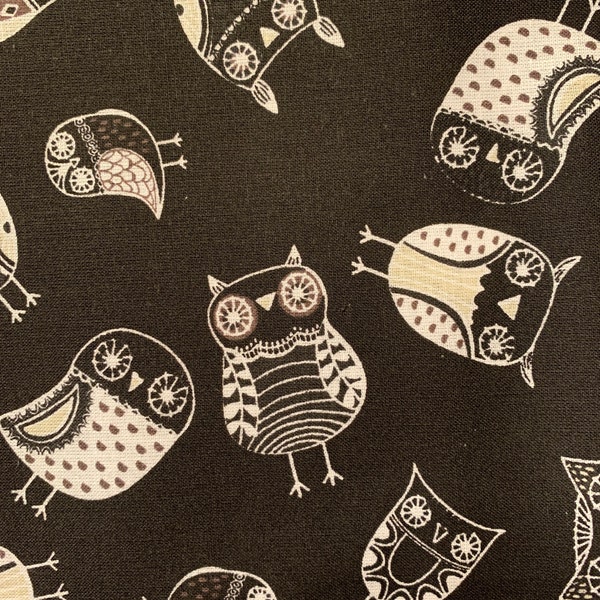 Owl Fabric 100% Cotton (Fat Qtr or Fabric Cut) Spooky Halloween Eclectic on Black Background