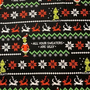 Grinch Ugly Sweater Cotton Fabric (Fat Qtr 18&quot; x 21&quot;)  Disney Cartoon Christmas Holiday Cartoon Unique