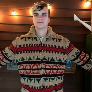1960&#39;s Men&#39;s hand knitted, lined, wool cardigan with shawl collar