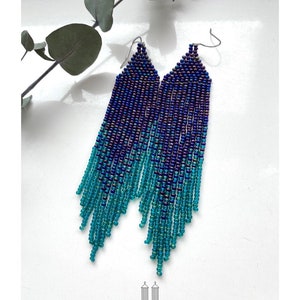 Navy blue beaded earrings Fringe Seed bead earrings Blue Green Fringe ombre earrings Boho Chic Sparkling Bohemian earrings Gift for her