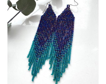 Navy blue beaded earrings Fringe Seed bead earrings Blue Green Fringe ombre earrings Boho Chic Sparkling Bohemian earrings Gift for her