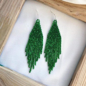 Green Beaded Earrings Bright Shining Earrings Fringe Seed Bead Earrings ...