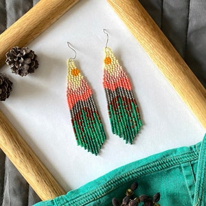 Mountains beaded earrings Long fringe boho earrings Sunset seed bead earrings Nature earrings Handwoven jewelry Gift for her Landscape