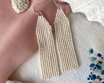 Pearl beaded earrings Ivory seed bead earrings Long fringe earrings Wedding earrings for bridesmaid Bridal earrings Tender earrings Gift