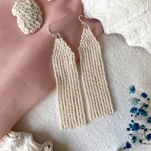 Pearl beaded earrings Ivory seed bead earrings Long fringe earrings Wedding earrings for bridesmaid Bridal earrings Tender earrings Gift