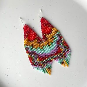 Abstract red beaded earrings Fringe seed bead earrings Modern earrings Boho chic style earrings Dangle statement bead earrings Gift for her