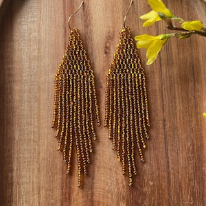 Shining cooper earrings Bright beaded earrings Glossy seed bead earrings Wedding bridal earrings Chandelier earrings Evening earrings Gift