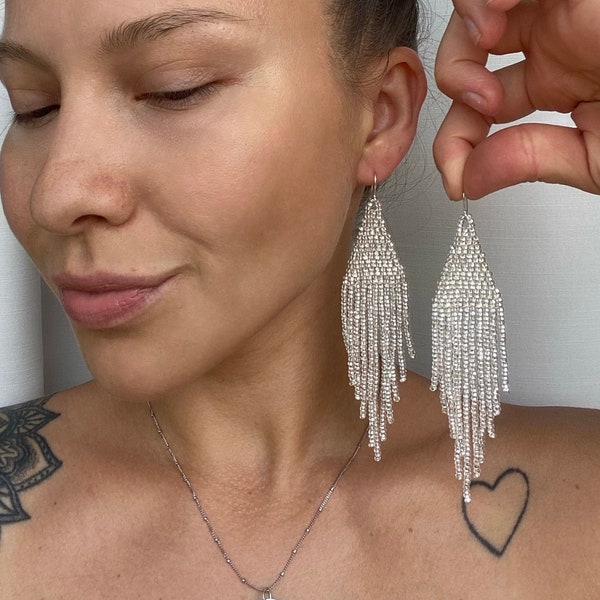 Shining silver earrings Bright beaded earrings Glossy seed bead earrings Wedding bridal earrings Chandelier earrings Evening earrings Gift