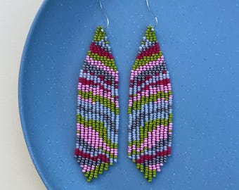 Abstract beaded earrings, Long Dangle Statement Jewelry, Handmade Boho Earrings, Christmas Gift for Her, Festival Style, Colorful earrings