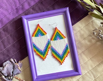 Rainbow beaded earrings Native style seed bead earrings Festival earrings Fringe rainbow earrings Gift Pride Day Tassel drop dangle earrings