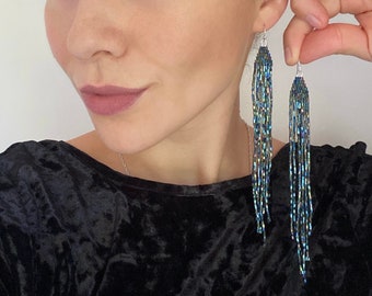 Bright Black Seed Bead Fringe Earrings – Long Dangle Beaded Jewelry, Gift for Her, Evening Style
