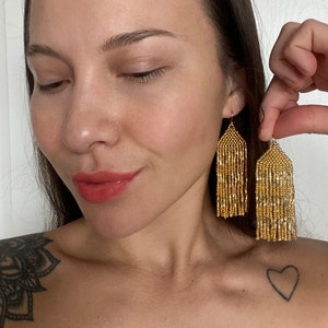 Gold seed bead earrings Gold beaded earrings Fringe bead earrings Dangle earrings Evening earrings Boho earrings Chic earrings Gift for her