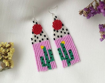 Boucles d'oreilles cactus Boucles d'oreilles nature rocailles Boucles d'oreilles franges Boucles d'oreilles coucher de soleil Cadeau pour elle Plante cactus vert Boucles d'oreilles roses Soleil rouge