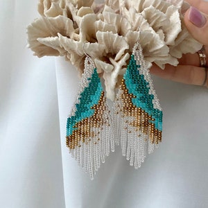 Turquoise beaded earrings Aquamarine Geode Seed bead earrings Shimmery aqua earrings Personalized Gift for her Bohemian Blue Gold earrings