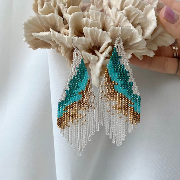 Turquoise beaded earrings Aquamarine Geode Seed bead earrings Shimmery aqua earrings Personalized Gift for her Bohemian Blue Gold earrings