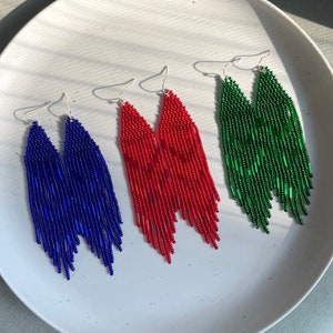 Red/Blue/Green beaded earrings Bright Shining earrings Fringe seed bead earrings Long beaded earrings Elegant beaded earrings Gift for her