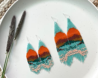 Sunset earrings Big sun earrings Turquoise/Orange seed bead earrings Nature Landscape earrings Gift for her Boho Chic Fringe beaded earrings