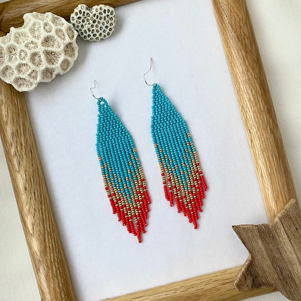 Turquoise earrings Bright beaded earrings Dangle Fringe earrings Casual earrings Gift for her Ombre Seed bead earrings Long earrings