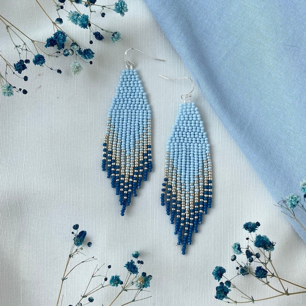 Blue beaded earrings Ombre seed bead earrings Fringe bead earrings Dangle earrings Blue/Metallic/Navy ombre earrings Gift for her