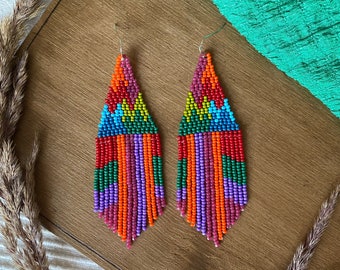 Colorful beaded earrings Fringe seed bead earrings Multicolor earrings Dangle bead earrings Boho Chic earrings Ethnic earrings Gift for her