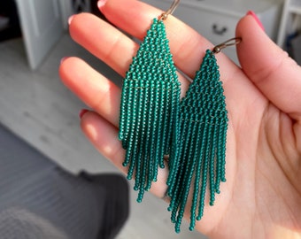 Green seed bead earrings Emerald beaded earrings Bohemian fringe earrings Boho dangle earrings Long beaded earrings festival earrings Gift