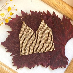 Gold seed bead earrings Gold beaded earrings Fringe bead earrings Dangle earrings Evening earrings Boho earrings Chic earrings Gift for her