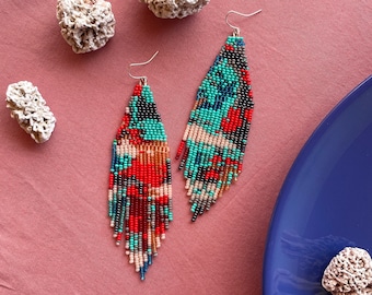 Abstract beaded earrings Multicolor seed bead earrings Bright bead earrings Fringe beaded earrings Colorful earrings Long bead earrings Gift