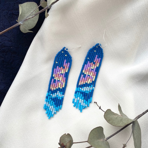 Northern Lights earrings Aurora Borealis beaded earrings Blue seed bead earrings Dangle Fringe earrings Long beaded earrings Nature earrings