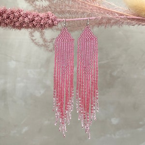 Pink Beaded Earrings Ombre Seed Bead Earrings Fringe Beaded Earrings ...