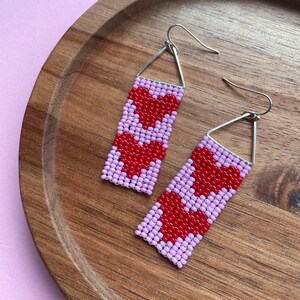 Red heart beaded earrings Heart seed bead earrings Valentine's day gift Red Pink heart earrings Valentine Gift for her Modern bead earrings image 5