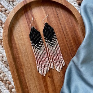 Black ivory ombre beaded earrings Fringe seed bead earrings Bohemian beaded earrings Boho earrings Dangle seed bead earrings Gift for her