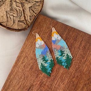 Landscape beaded earrings Mountains view earrings Nature seed bead earrings Native Forest fringe dangle earrings Bridesmaid Gift for her