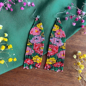 Flowers beaded earrings Floral seed bead earrings Fringe bead earrings Garden Pink earrings Colorful earrings Boho Hippie style Gift for her