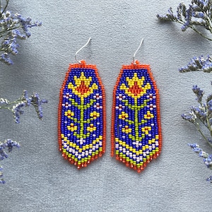 Flowers beaded earrings Floral seed bead earrings Fringe bead earrings Bright bead earrings Colorful earrings Boho Hippie style Gift for her image 1