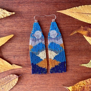 Mountains beaded earrings Landscape seed bead earrings Blue fringe earrings Dangle earrings Nature earrings Full Moon earrings Gift for her