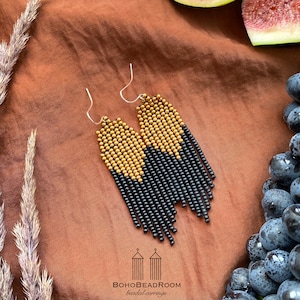 Elegant earrings Bohemian seed bead earrings Black Gold earrings Classic earrings Graceful beaded earrings Gift Boho Dangle fringe earrings