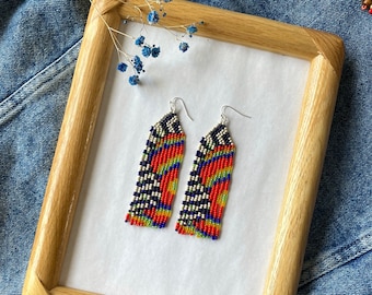 Abstract seed bead earrings Multicolor beaded earrings Alien bead earrings Fringe beaded earrings Colorful earrings Long bead earrings Gift