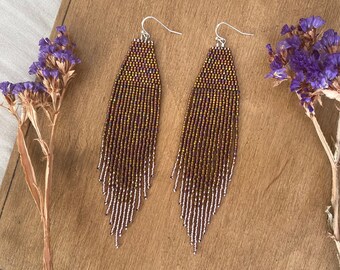 Bronze beaded earrings Long seed bead earrings Fringe beaded earrings Brown ombre earrings Boho Chic Dangle earrings Gift for her