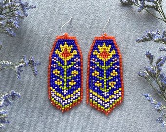 Flowers beaded earrings Floral seed bead earrings Fringe bead earrings Bright bead earrings Colorful earrings Boho Hippie style Gift for her