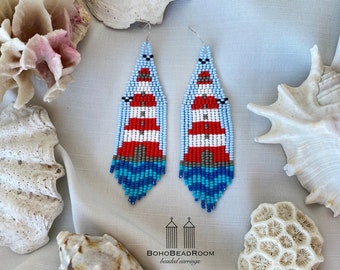 Lighthouse beaded earrings Vacation seed bead earrings Sea Ocean view earrings Long Fringe Nature earrings Drop Dangle beaded earrings