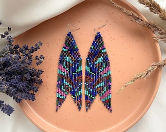 Blue feather beaded earrings Blue seed bead earrings Fringe bead earrings Christmas Gift for her Abstract beaded earrings Long bead earrings