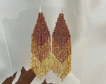 Amber seed bead earrings Autumn earrings Fringe beaded earrings Yellow/Gold/Brown/ bead earrings Gift for her Fall colored earrings Bohemian