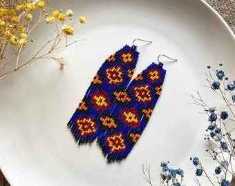 Rhombus beaded earrings Western seed bead earrings Hippie Boho style earrings Fringe bead earrings Blue Orange Yellow earrings Gift for her