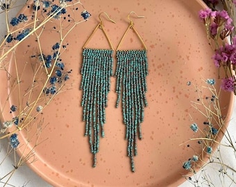 Turquoise seed bead earrings Marble bead earrings Fringe beaded earrings Triangle beaded earrings Bohemian earrings Christmas Gift for her